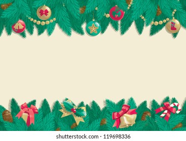 Christmas background. Vector card of christmas fir tree with Christmas decorations and cone on abstract background.