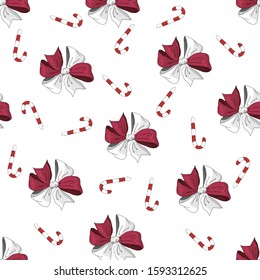 Christmas background. Vector decoration. Seamless pattern with ribbons and sweets.