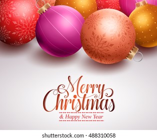 Christmas background vector design. Merry christmas with colorful christmas balls and space for greetings text. Vector illustration
