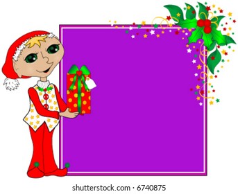 Christmas background vector with elf, gift and holly.