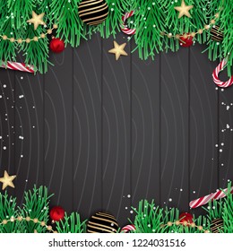 Christmas background vector. Fir branches, ball, candy cane, star on black wooden background