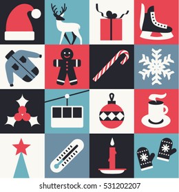 Christmas background, vector flat illustration, icon set, pattern: holly, lift, christmas ball, coffee, tree, thermometer, candle, mittens, had of Santa Claus, deer, gift, skates, jacket, cookie, snow