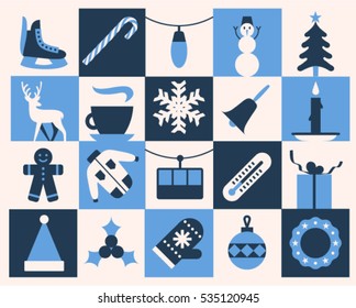 Christmas background, vector flat illustration, icon set, blue xmas pattern: skates, candy, garland, snowman, coffee, snow, bell, cookie, jacket, thermometer, hat, holly, mittens, ball, gift, tree,
