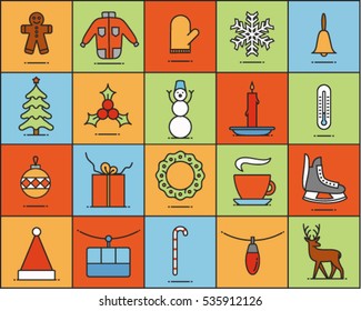 Christmas background, vector flat illustration, icon set, xmas pattern: skates, candy, garland, snowman, coffee, snow, bell, cookie, jacket, thermometer, hat, holly, mittens, ball, gift, tree
