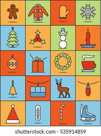 Christmas background, vector flat illustration, icon set, xmas pattern: skates, candy, garland, snowman, coffee, snow, bell, cookie, jacket, thermometer, hat, holly, mittens, ball, gift, tree