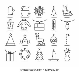 Christmas background, vector flat illustration, icon set, xmas pattern: skates, candy, garland, snowman, coffee, snow, bell, cookie, jacket, thermometer, hat, holly, mittens, ball, gift, tree