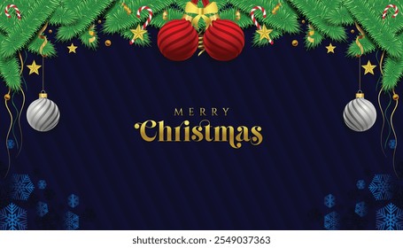 Christmas background vector green pine branch, red and silver christmas ball