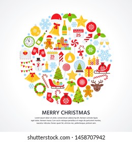 Christmas background. Vector. Greeting decoration card. Creative design postcard with Christmas icons in circle shape. Holiday poster. Cartoon square illustration. Party template in flat style.