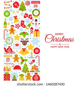 Christmas background. Vector. Happy New year greeting card. Holiday decoration banner with Christmas icons. Creative template poster. Cartoon square illustration. Xmas party postcard in flat design