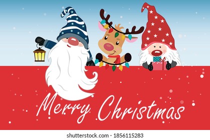 Christmas background Vector illustration. Cartoon Gnomes and Santa Reindeer peeking holding symbol. Snowflakes, falling snow sign for graphic, gnome, landscape, copy space, sale, merry christmas 