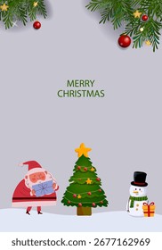 Christmas background vector illustration. Greeting cards banner and poster with joy, tree, ornament, gift, balls, Santa Claus.