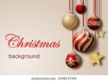 Fondo de Navidades. Ilustración vectorial con bolas rojas y doradas colgantes y estrellas brillantes. dibujo realista brillante de decoraciones navideñas sobre fondo claro. una composición elegante para el ambiente del Año Nuevo