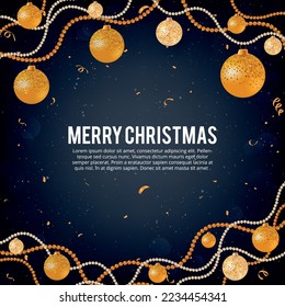 Christmas background. Vector illustration of merry Christmas gold and black colors place for text, gold Christmas balls, golden glitter baubles and confetti