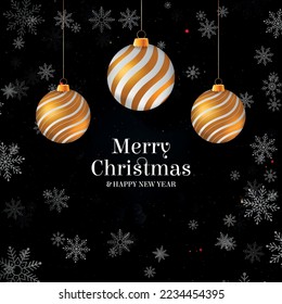 Christmas background. Vector illustration of merry Christmas gold and black colors place for text, gold Christmas balls, golden glitter baubles and confetti