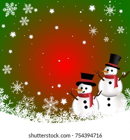 Christmas background vector and illustration with red and green color background, white snowflakes, shiny stars and cute decorated snowman 