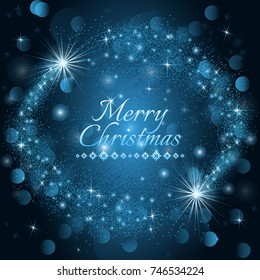 Christmas background. Vector illustration Round golden glowing frame with gold magic stars on dark blue background with text Merry Christmas
