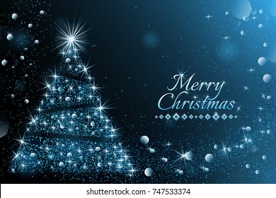Christmas background. Vector illustration Round golden glowing frame with gold magic stars on dark blue background with text Merry Christmas
