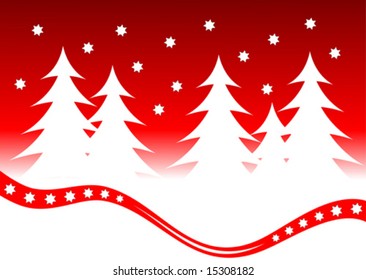 A Christmas Background Vector Illustration With A Snowy Christmas Scene With White Trees On A Snow Covered Foreground With A Red Swish