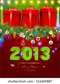 Christmas background vector image. Gifts, balls, snowflakes, candles, stars, sweet, garland, fir tree branches - all for Xmas invitation design. 2013 letters.