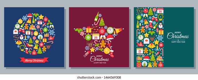 Christmas background. Vector. New year greeting card. Decoration design banner with Christmas icons on dark backdrop. Holiday poster. Cartoon square illustration. Set Xmas party template in flat style