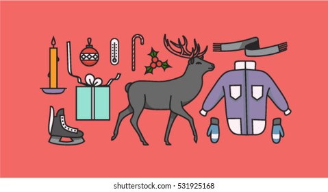 Christmas background, vector outline illustration, icon set, pattern: candle, gift, thermometer, cane, holly, deer, jacket, mittens, skates