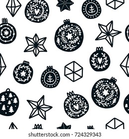 Christmas background, vector pattern, Xmas seamless pattern with christmas balls and stars. Black and white, Scandinavian style