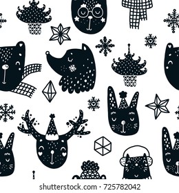 Christmas background, vector pattern, Xmas seamless pattern with cute animals, Dog, bear, deer. Black and white, Scandinavian style