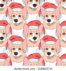 Christmas background vector seamless puppy. Corgi with Santa hat.