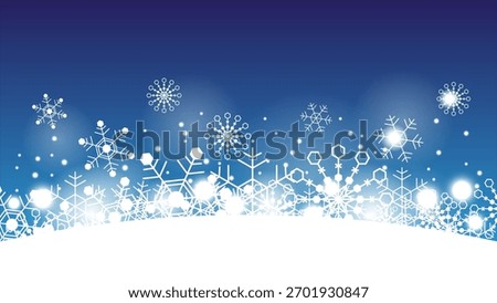 Christmas background vector with snow, drifts, and scattered snowflakes on a blue gradient sky.