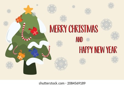 Vector de fondo de Navidad con copos de nieve y regalo en árbol, santa con mensaje de Feliz Navidad y feliz año nuevo para papel de pared o tarjetas de saludo