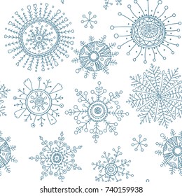 Christmas background. Vector snowflakes seamless pattern. New Year and Xmas doodle symbols and abstract ornaments. 