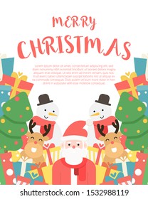 Christmas background. Vector background vector with Snowman, Gift boxes, Reindeer, Tree and Santa claus. Christmas background with copy space. Flat style vector illustration.