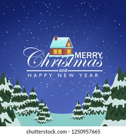 Christmas background vector template home pine trees