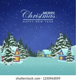 Christmas background vector template village pine trees