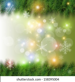 Christmas background, vector Christmas tree, snow and lights.