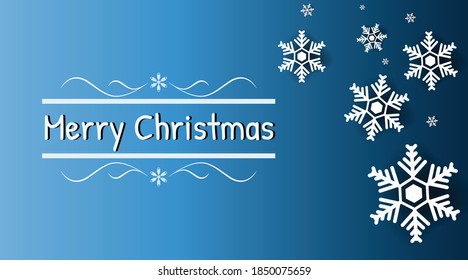 Christmas background vector, with white snowflakes, adorned on a blue gradient background, with Christmas text, for wallpaper or greeting cards.