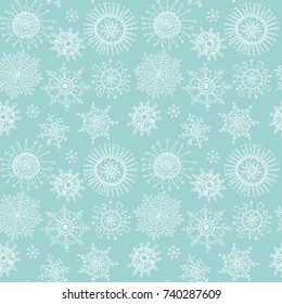 Christmas background. Vector white snowflakes seamless pattern. New Year and Merry Xmas doodle symbols and abstract geometric ornaments. 