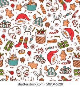 Christmas background. Vector Xmas Seamless pattern. Hand Drawn Doodle Christmas festive knitted clothes, gift boxes, sweets, gingerbread cookies, mulled wine, spice. Holiday wallpaper