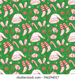 Christmas background. Vector Xmas Seamless pattern. Doodle Christmas festive clothes. Santa hats, socks, mittens. Holiday wallpaper.