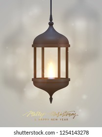 Christmas background, vintage dark lantern with a burning realistic fire.