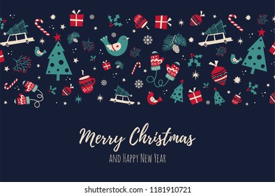 Fondo de Navidad con elementos vintage. Elementos únicos de diseño hechos a mano para tarjetas de felicitación hechas en vector. Ilustración de Navidad con lugar o texto. 
