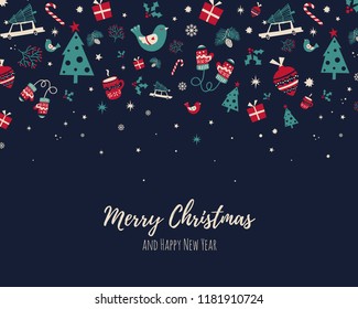 Christmas background with vintage elements. Unique handdrawn design elements for greeting card made in vector. Xmas illustration