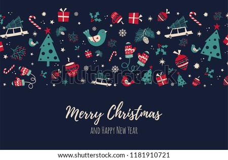 Christmas background with vintage elements. Unique handdrawn design elements for greeting card made in vector. Xmas illustration with place or your text. 