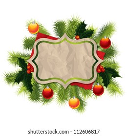 Christmas background with vintage paper label, fur and Christmas tree decorations