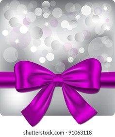 Christmas background with violet ribbon. Gift card. Vector illustration