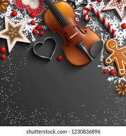 Christmas background, violin, gingerbread cookies, ornaments, candy canes and anise stars laying on black background, with text Let it snow, vector illustration, eps 10 with transparency