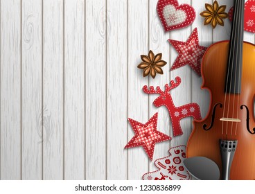 Christmas background, violin and small scandinavian styled red decorations lying on white wooden background, inspired by flat lay style, vector illustration, eps 10 with transparency