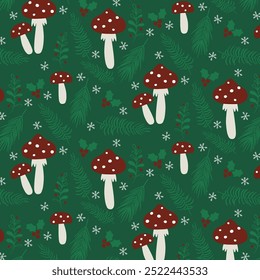 Christmas background, wallpaper, green, mushroom, foliage, leaves, natural, berries, red, snowflake, abstract, vintage, fabric, texture, print, card, wrapping paper, celebration, flat style, vector. 