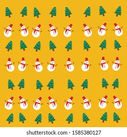 christmas background wallpaper: snowman and tree pattern with yellow background