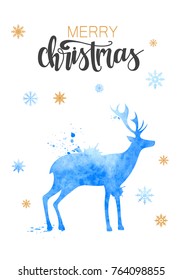 Christmas background with watercolor imitation blue deer, snowflakes and inscription - Merry Christmas. Vector illustration.